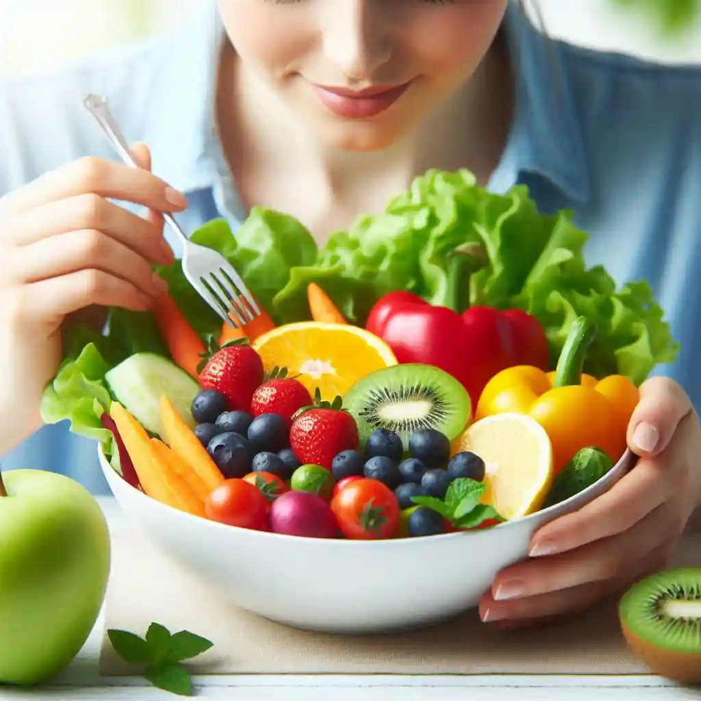 Image of a person eating a plate of colorful fruits and vegetables